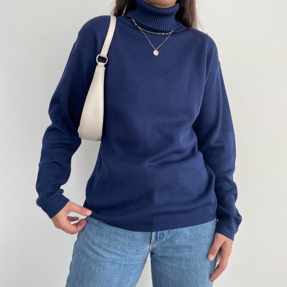 Vintage Belford 100% silk knit long sleeve turtleneck sweater in navy blue L - Picture 6 of 11